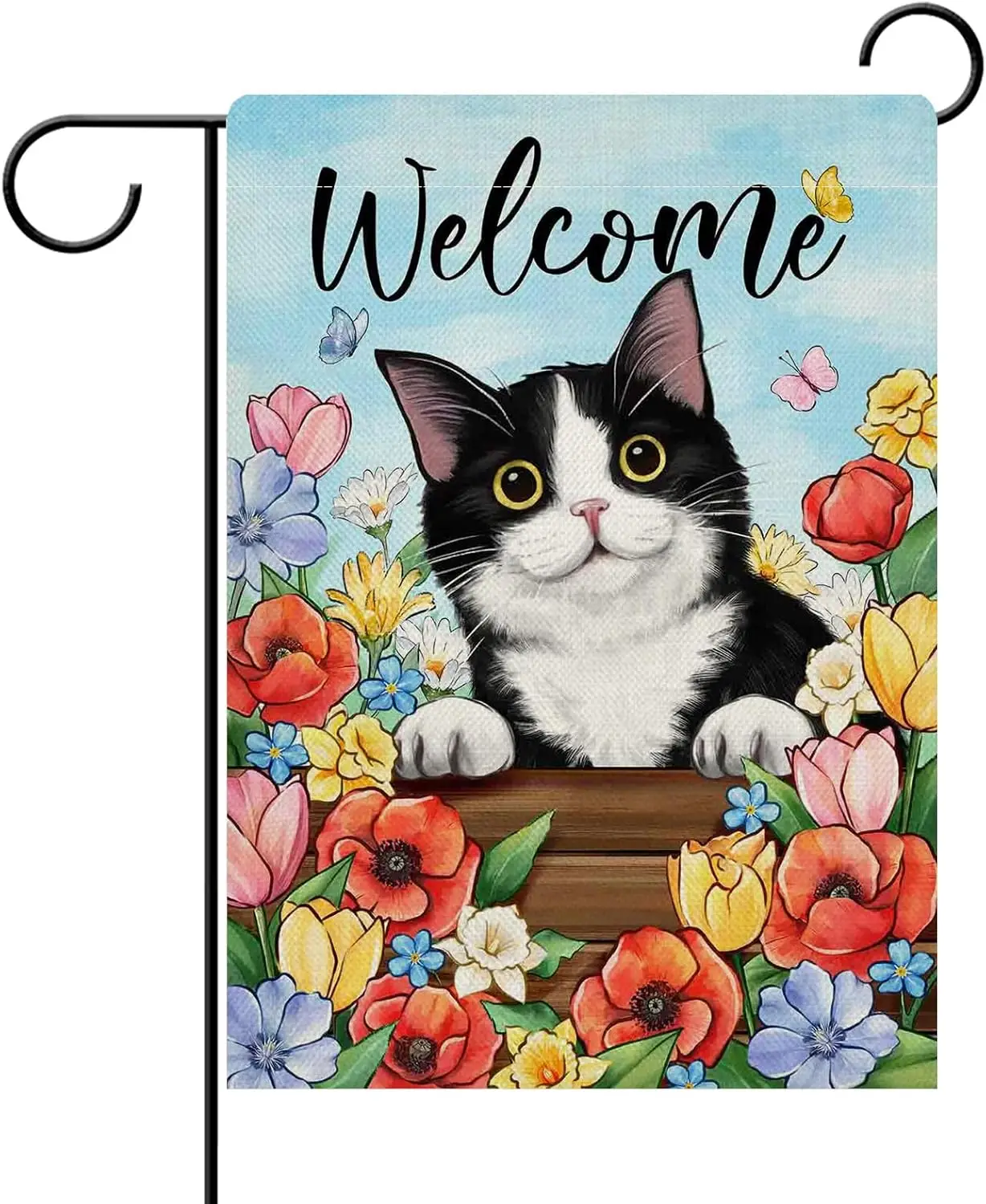 Dyrenson Welcome Spring Summer Tuxedo Cat Decorative Garden Flag, Poppy Flower Yard Outside Home Decorations Pet Lover Gift, SSL