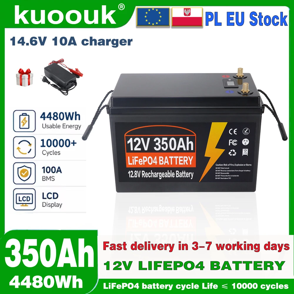 12V 350Ah LiFePO4 Battery Built-in 4PCS Grade A Cells 100A BMS For Cars/RVs/Vans/Camping/Home Storage/Solar Energy EU stock