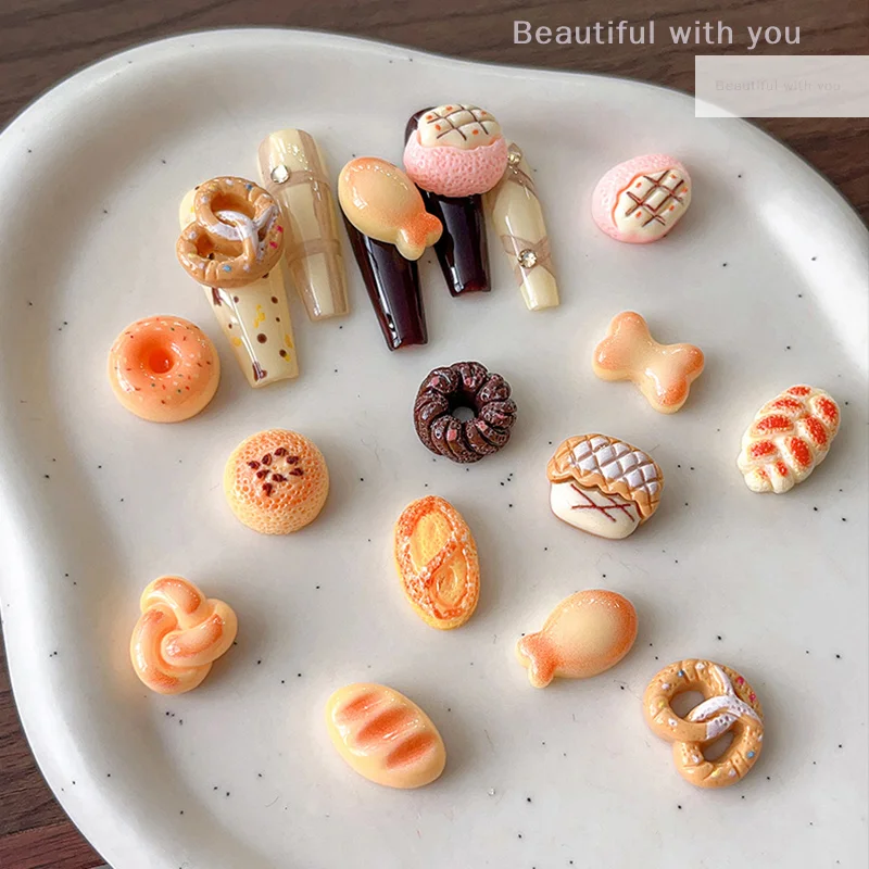 10Pcs Resin Simulation Food Nail Charms Kawaii Cartoon Donut Bread Nail Art Accessories 3D Charm For DIY Nail Decorations Salon