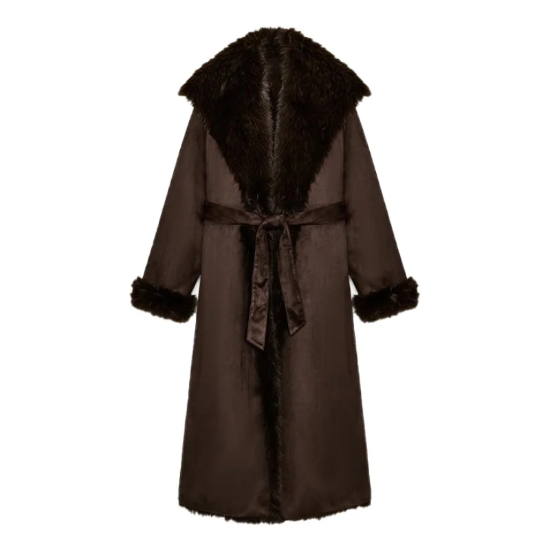 Fashion Reversible Faux Fur Patchwork Long Coat With Belt For Women Casual Long Sleeve Warm Overcoat