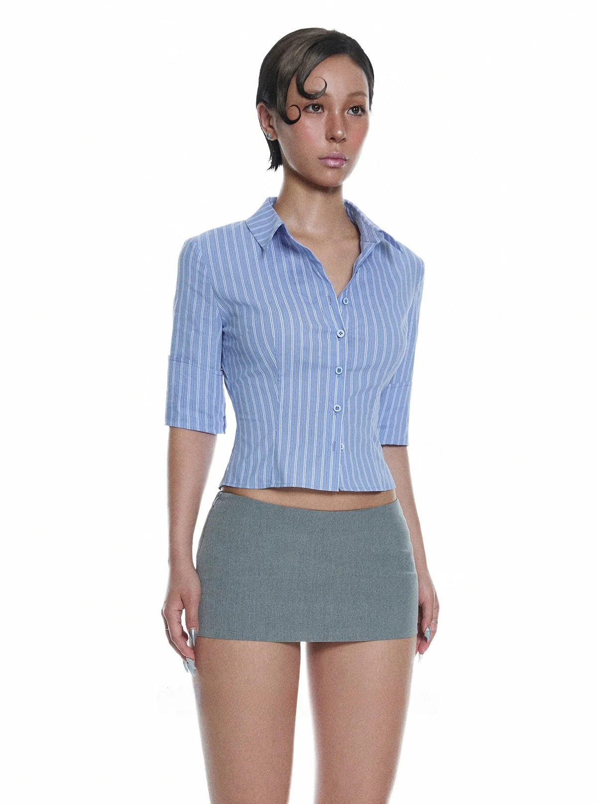 

Gray Short Skirt Set Simple Style Workplace Blue White Stripes Short Shirt And Skirt Ensemble by Tagkita for Young Women