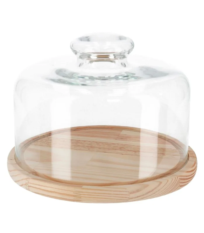 Round cheese maker with glass lid and wooden base 24x12 cm. Fresh cheese or sausage container