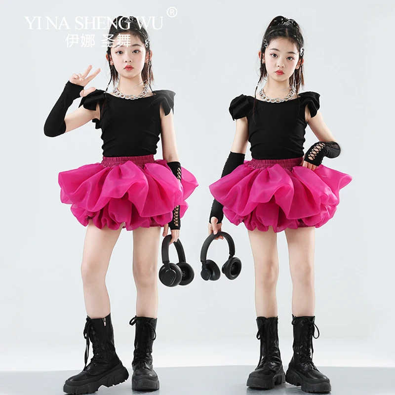 Meninas traje de dança jazz preto topos rosa saia curta conjunto crianças hip hop dança de rua t-stage modelo mostrar roupas de moda