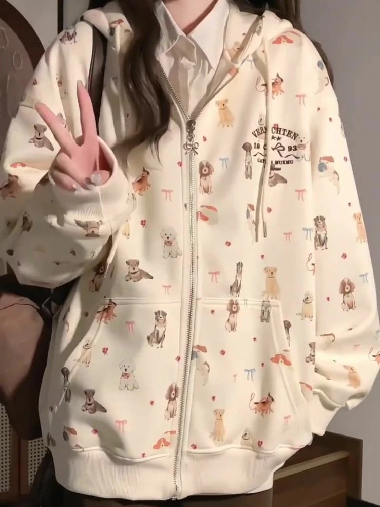 Chaquetas con capucha y cremallera Harajuku, sudaderas de gran tamaño, abrigos coreanos Y2K, lindo cachorro, perro, estampado completo, Tops de dibujos animados, dulce estilo Preppy