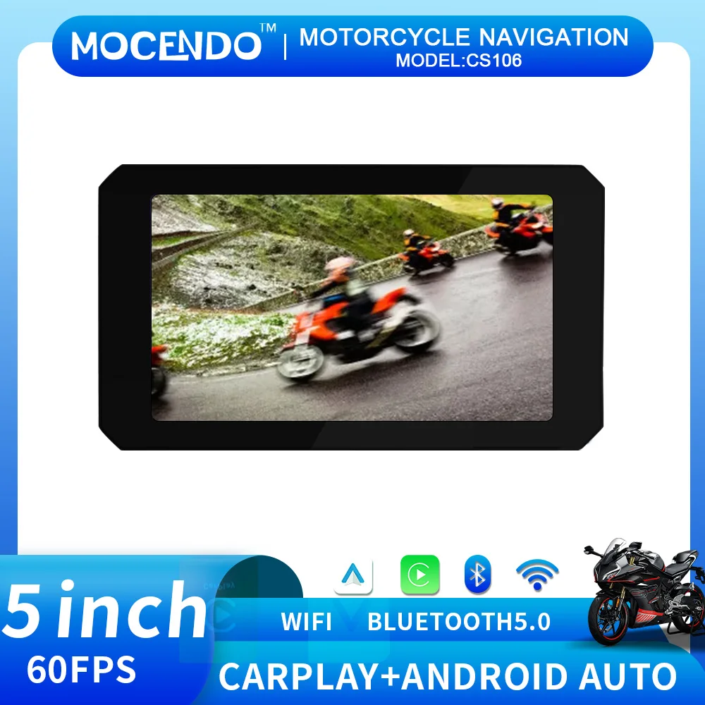 

5" Motorcycle Wireless CarPlay/Android Auto IP67 Waterproof GPS Monitor w/Built-in Battery & 12-24V Low Voltage Protection