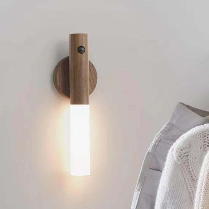 Luz LED de Color madera recargable por USB, luz nocturna, Sensor de grano, armario de cocina, diseño magnético de mano, iluminación de mesita de