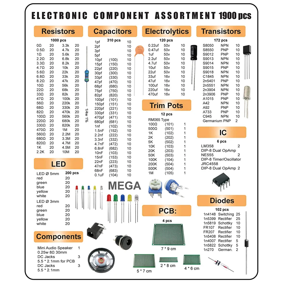 DIY 전자 부품 모음 저항기, 트라이오드 커패시터, 다이오드 PCB 전위차계 저항, 아두이노 UNO MEGA2560 용