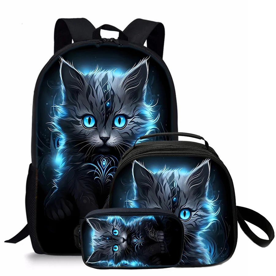 Hot 3 Pcs Set Cat Round Lunch Bags ,Pencil Bags ,School Bags for Boy/Girls Best Gifts 2D Flat Cartoon Backpack for Children