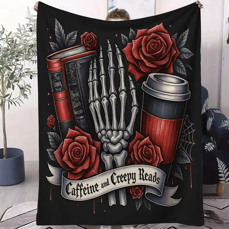 Throw Blankets Featuring A Pattern of Caffeine and Spooky Stories. Perfect for Bibliophiles As A Distinctive Gift for Decoration