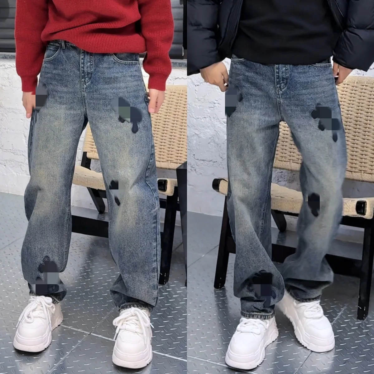 

Faionable Casual Men's Jeans Trendy Haome Loose Straight Stand Fit Polyester Fabric mid Waist Button Opening