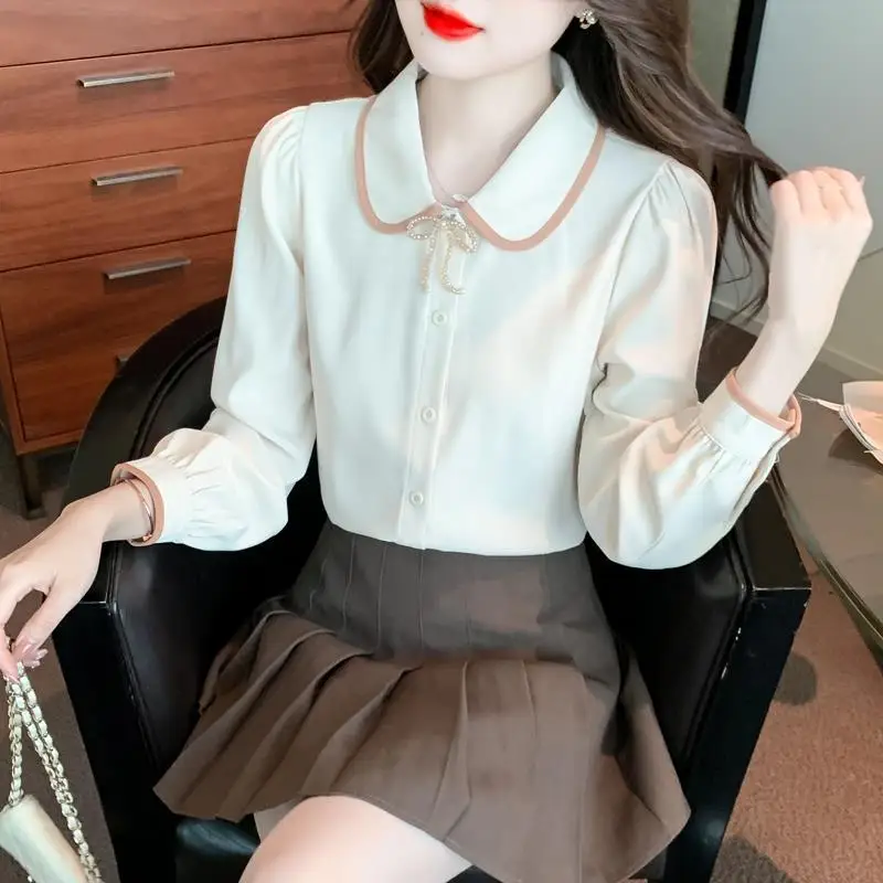 長袖の女性用対照的な色のブラウス,カジュアルなトップス,シックなシャツ,ビーズ,ヴィンテージ,愛らしい,エレガント,韓国のファッション