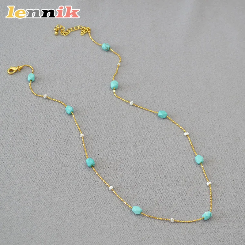 LENNIK Gold-Plated Turquoise Necklace, Real Green Magnesite Gem, Cut Stone Vintage Chain, Stackable Layered Jewelry for Women