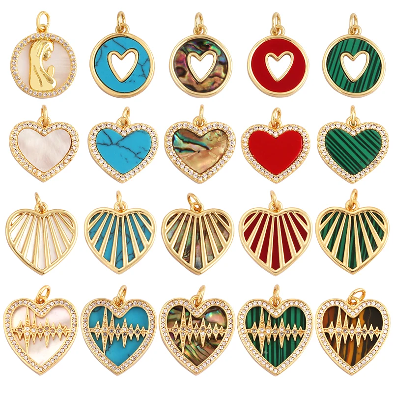 Trendy Design Love Heart Natural Mother of Pearl Shell Agate Malachite Tiger Eye Pendant Charm,Jewelry For Necklace Supplies M32