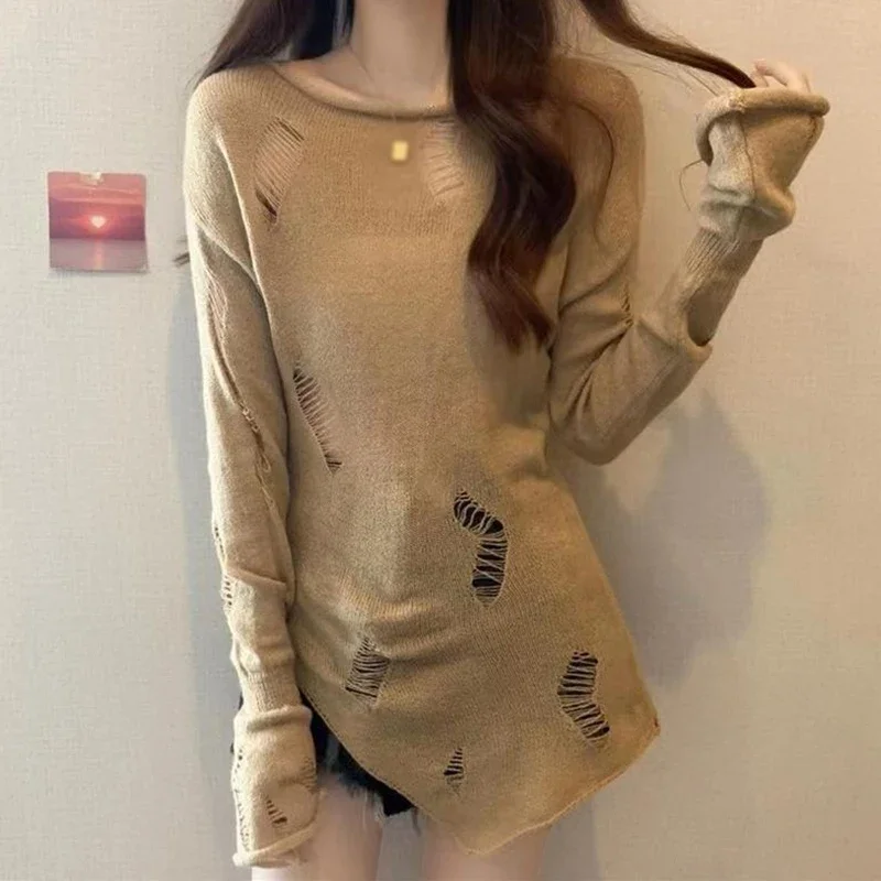 Women T-shirts Loose Fitting Sun Protection Smock Split Irregular Long Sleeve Medium Length Knitted Tulle Top