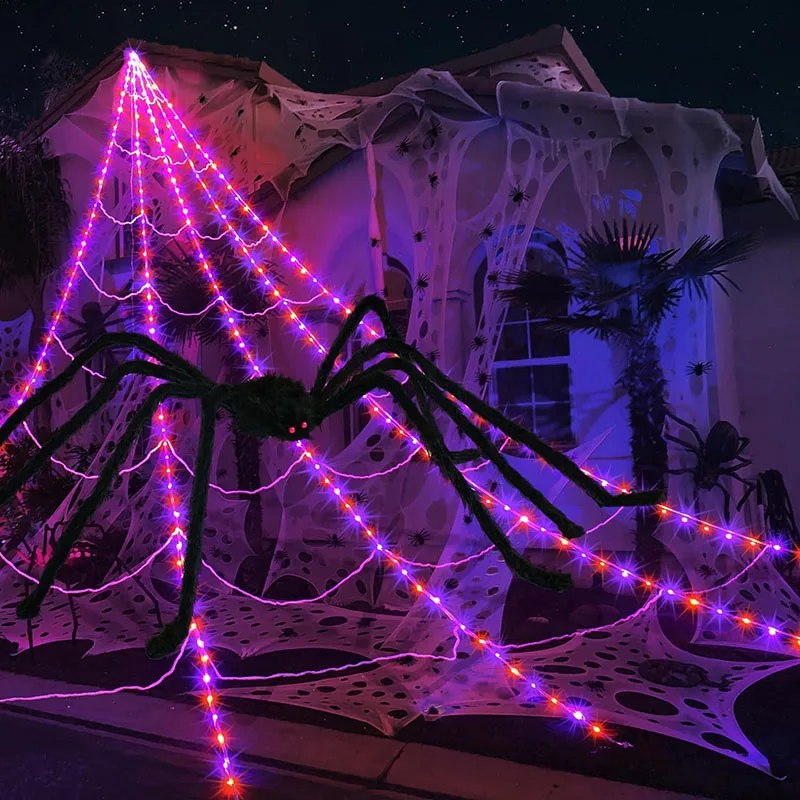 Halloween Decoration Glowing Triangle Spider Web Eyes Glowing Spider Props Outdoor Yard Horror Scene Arrangement