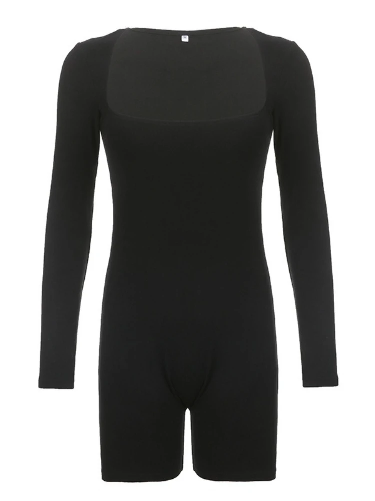 SsTss 여성 캐주얼 점프수트 솔리드 컬러 긴팔 바디수트 스퀘어 넥 슬림 스트레치 롬퍼 반바지 트렌디 Y2K 의상