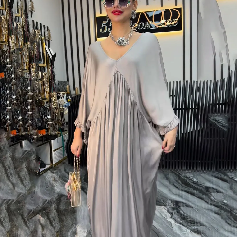 Elegante satijnen maxi-jurken voor dames 2025, herfst, casual losse jurk met V-hals en lange mouwen