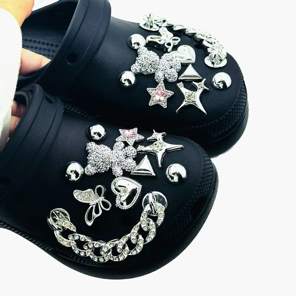 20Pcs Shoes Charms Set Silvery Bear Pentagram Diamond Chain Shoe Decorations Buckle for Sandals Clogs DIY Accessories Gift