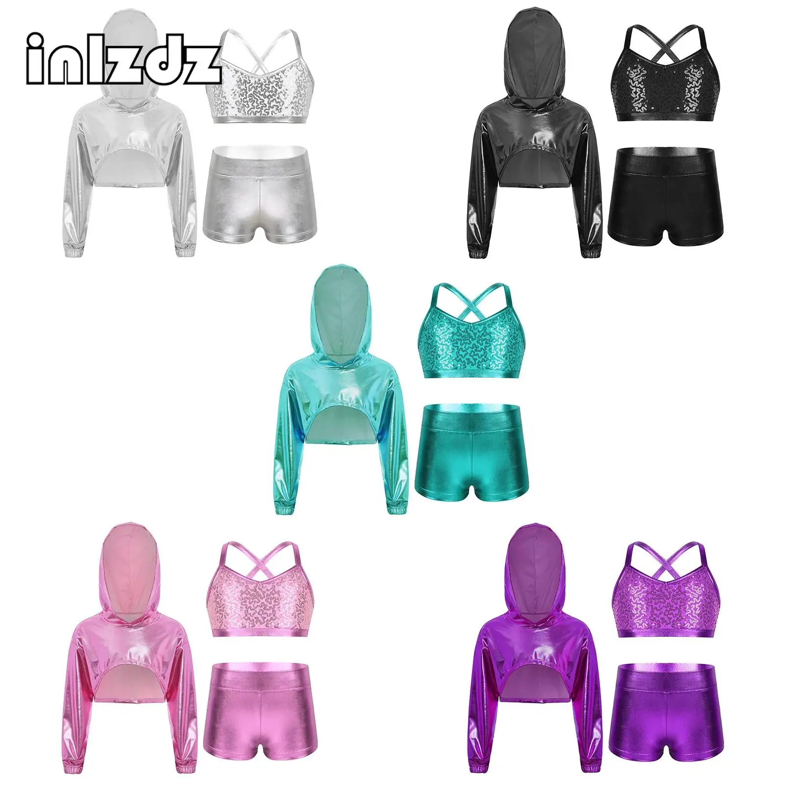 

Hip-Hop Girls Fashion Clothes Jazz Dance Performance Costume Long Sleeve Asymmetrical Hem Metallic Cropped Hoodie+Vest+Shorts