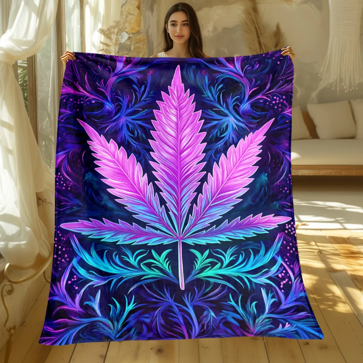 Purple cannabis leaf pattern flannel blanket soft cozy throw blanket psychedelic art design decor gift for weed lovers marijuana