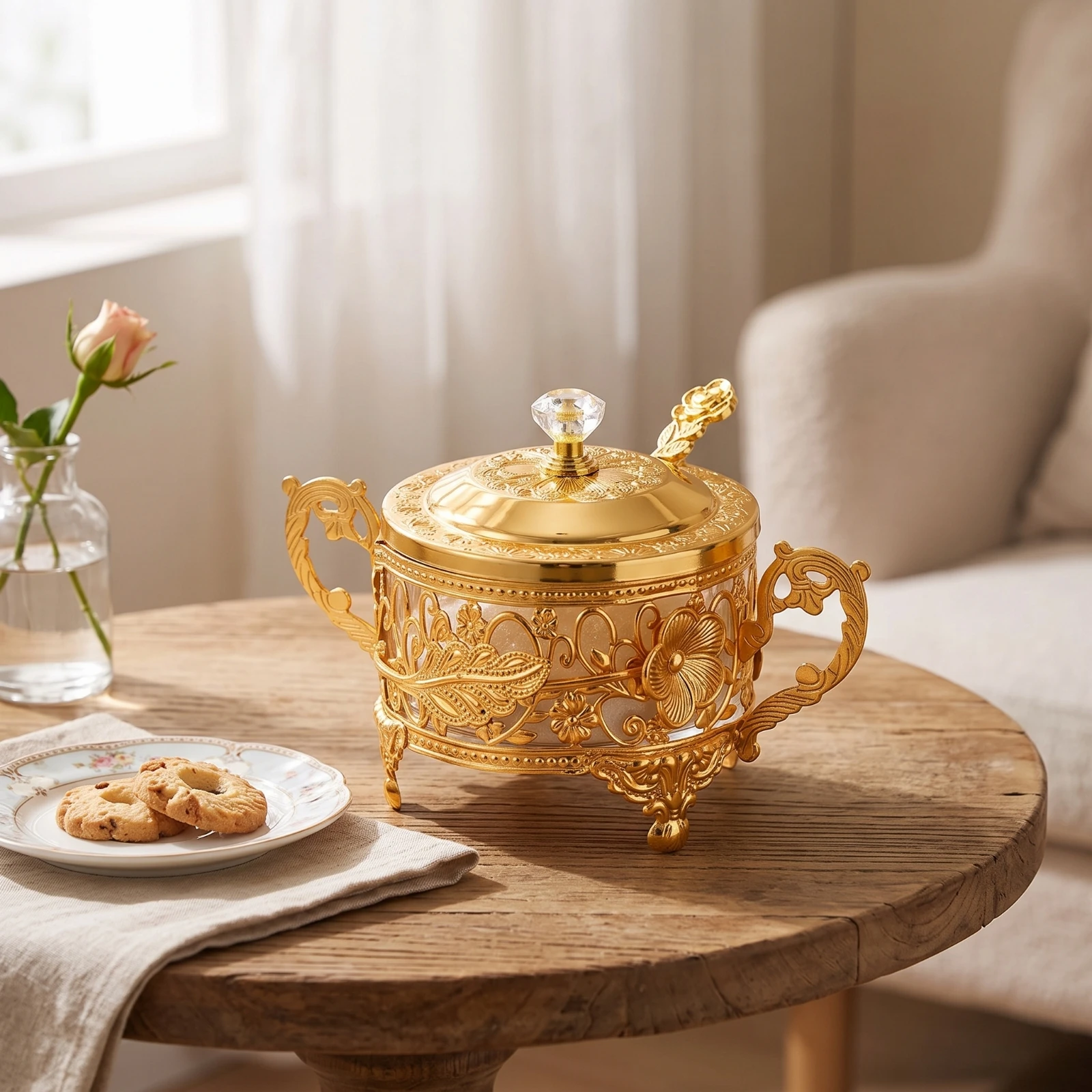 Condiment Jar with Spoon Decorative Sugar Bowl with Lid Glass Condiment Pot with Metal Frame Elegant Container Easy to Clean