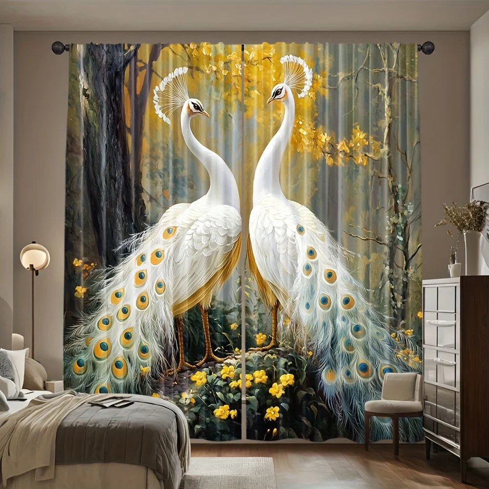 

2pcs White Peacock in Forest Print Polyester Curtains, Rod Pocket Blackout Thermal Drapes for Bedroom Living Room