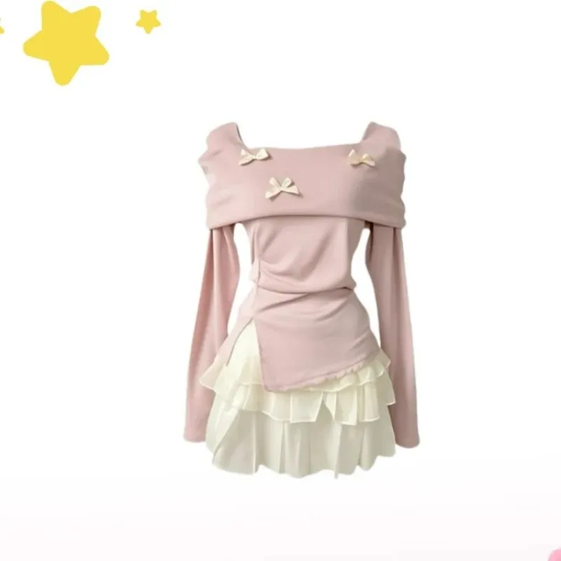 

Chic Women Two Piece Set Off Shoulder Pink Long Sleeve Top White Layered Ruffle Skirt Bow Accent Trendy Elegant Outfit 2025 New