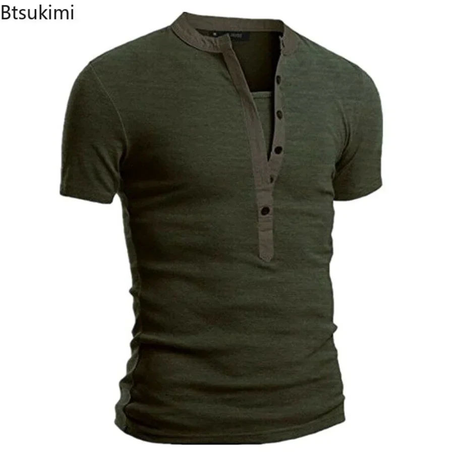 2024 Men\'s Summer Casual Shirts Solid V-neck Button Slim Fit T-Shirts for Men Fashion Short Sleeve Tees Tops Men Clothing S-3XL