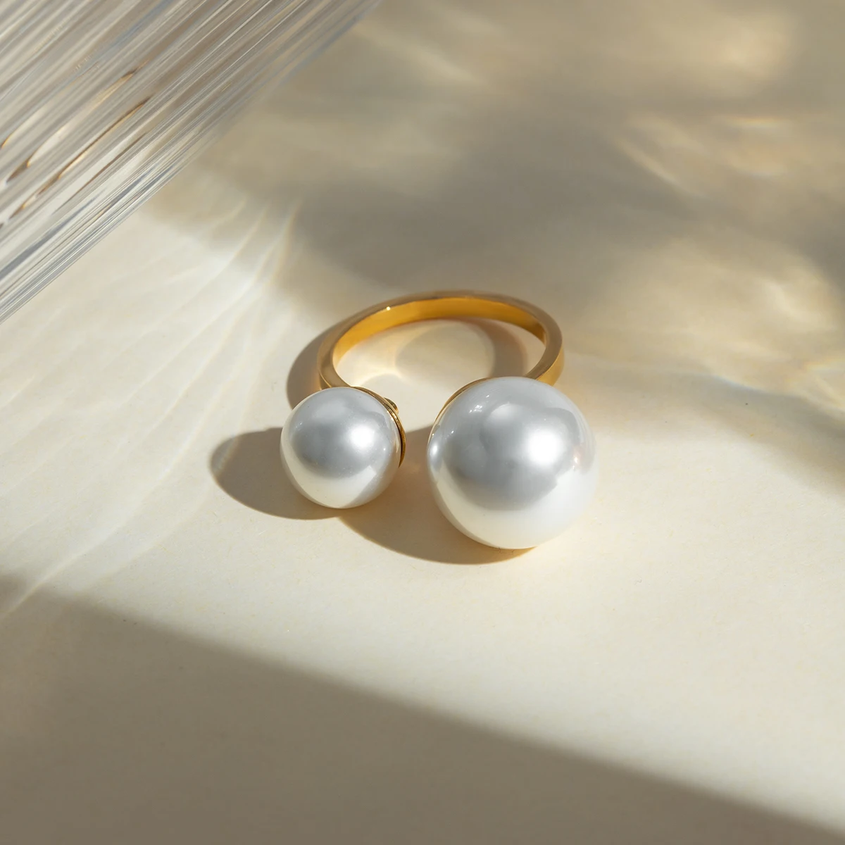 Light Cozy 18k Gold Plated Minimalist Simple Size Asymmetric Pearl Opening Ring Personalized Stainless Steel Statement Jewelry