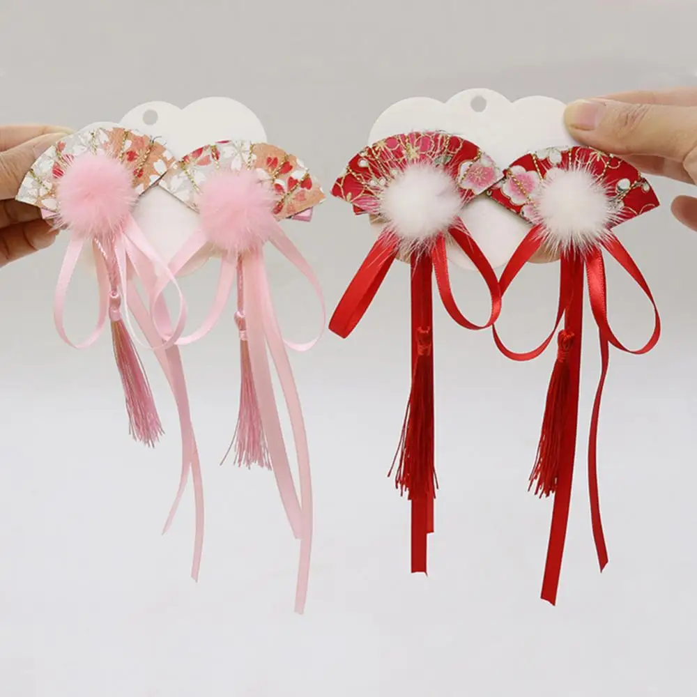 1Pair Cute Chinese New Year Hair Clips Chinese Style Kid Girl Pompom Fan Tassel Hairpins Hair Accessories Hanfu Headwear