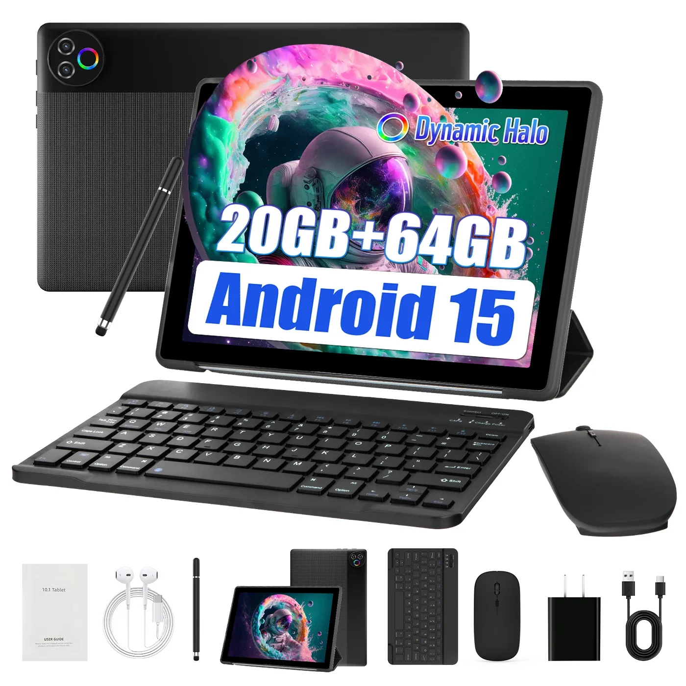 URAO Android 15 Tablet 10.1 Inch 20(3+17)GB RAM 64GB ROM 5-core Dual Camera Tablets PC Set Keyboard/Case/Mouse/Stylus/Headphone