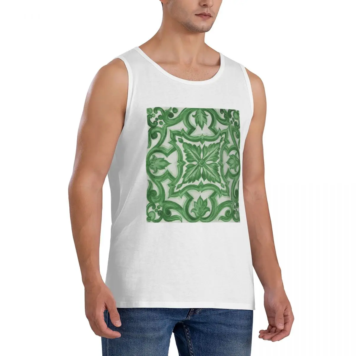 100% Cotton Green Ornate Floral Mediterranean Sicilian Tile Sleeveless T-Shirt Men Workout Sports Tops Men's Crew Neck Vest