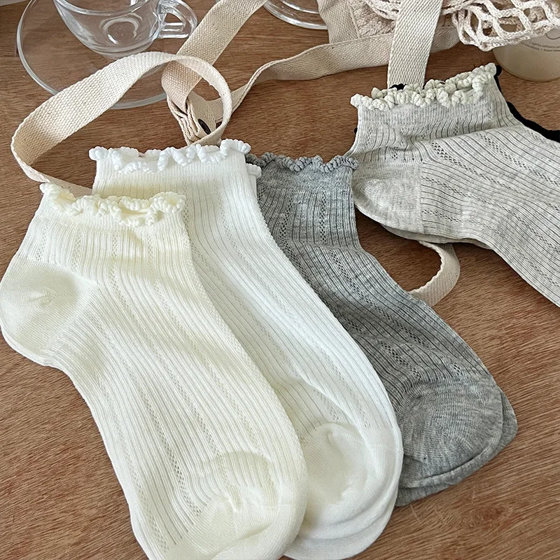 4Pairs Lady Hollow Out Mesh Lace Socks Summer Ultra-thin Mid Sock Seamless Comfortable Maternity Socks Daily White Ankle Socks