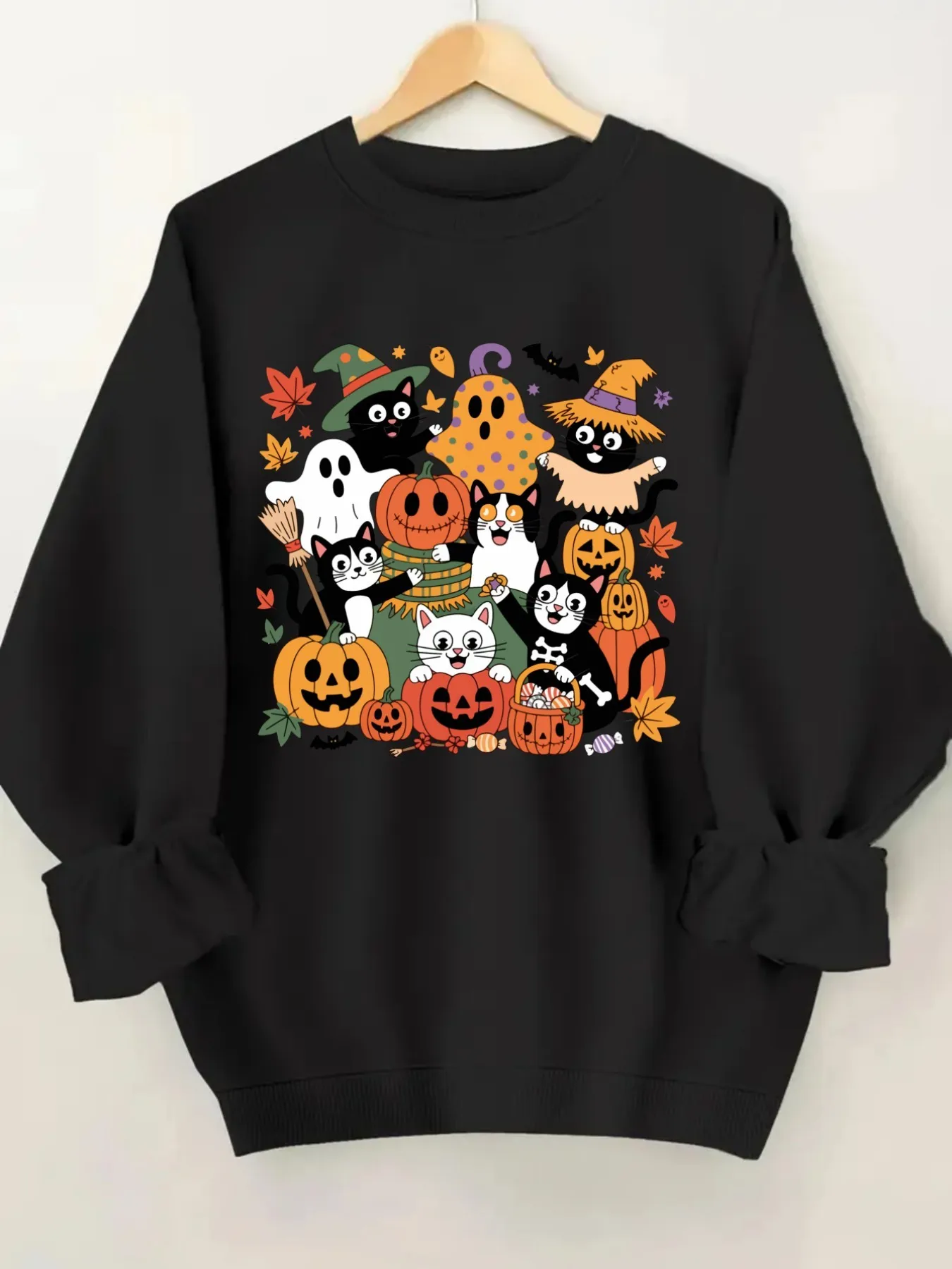 Women's Crew Neck Pullover Sweatshirt Halloween Cat Print Design, Soft Casual Long Sleeve, Daily Casual Top Outfit, Winter Women's Clothing, Halloween Costume Outfit