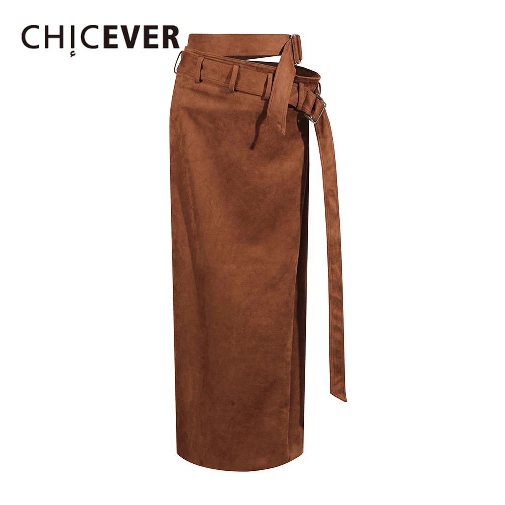 CHICEVER marron épissé ceintures Chic jupe femme taille haute ample fille chaude Streetwear femmes jupes longues automne Style mode