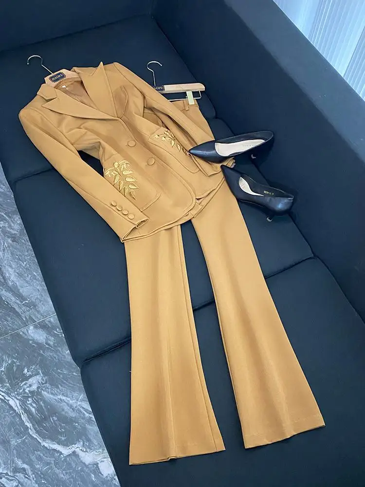 

2026 New Faion Embroidered Suit Jaet And Micro Flared Pants Set Two Piece Set for Women Ele Ladylike Workwear