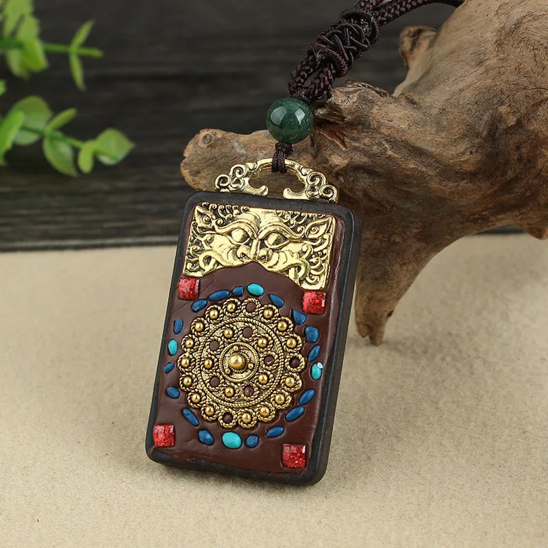 Retro Nepal Tibet Thangka Handmade Ebony Necklace Big Day Tathagata Yellow Caishen National Style Pendants Hanging Gift