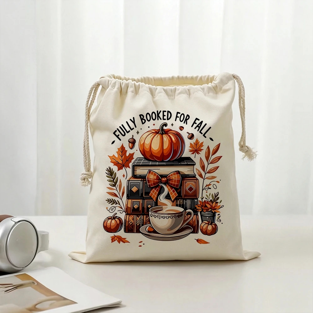 Personalized Fall Books Drawstring Bags Custom Name Autumn Coffee Pumpkins Readings Storage Gifts Travel Pouches for Women Girls