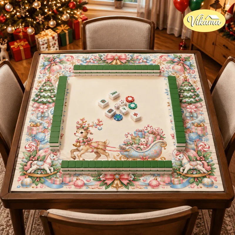 ChristmasDeer Sleigh Mahjong Table MatNon Slip FoldableLiving RoomFamily Game NightHoliday Home Decor