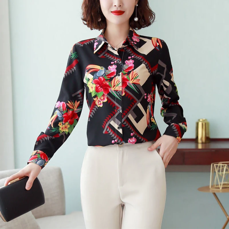 Spring Autumn Women\'s Casual Fashion Floral Printed Shirt Lady Long Sleeve All-match Buttons Top Female Polo-neck Chiffon Blouse