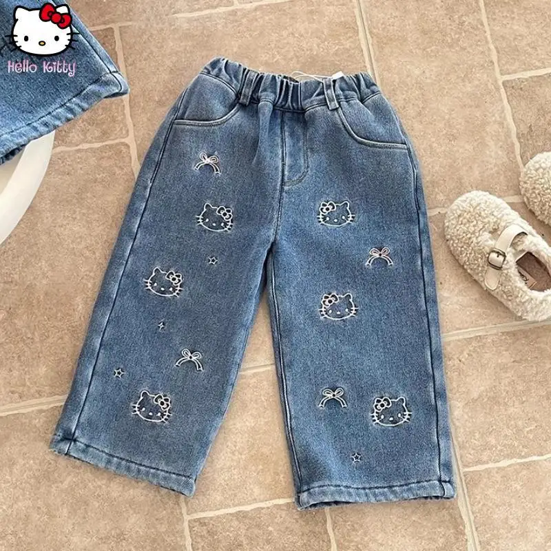 

Аниме-джинсы в корейском стиле, повседневные, плотные, удобные, мягкие, милые брюки для девочек, осенние, новые, Hello Kitty, модные, с мультяшным принтом