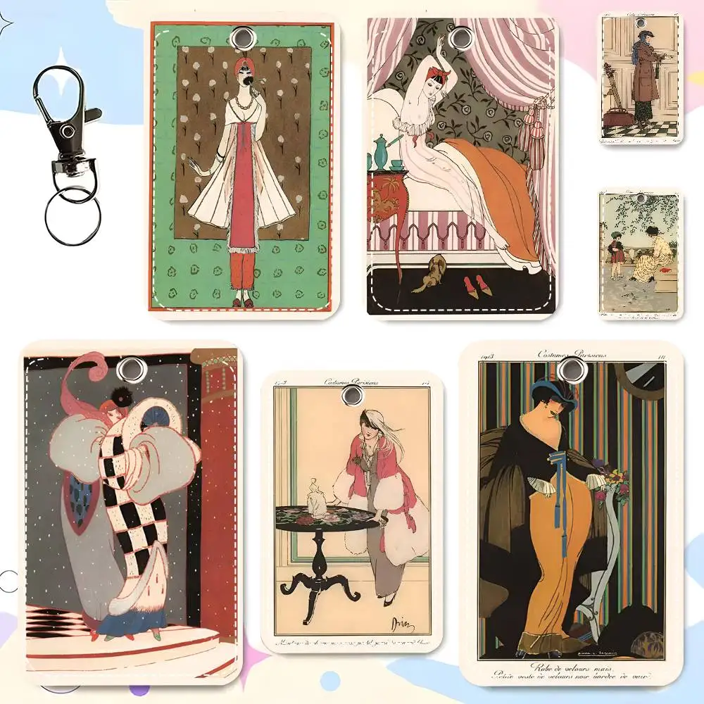 1pc Vintage French Deco Art Illustration Card Case Keychain Access Card Bag Key Tag Ring Leather Card Holder Key Ring Access