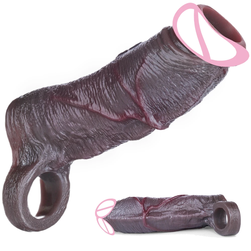 ORALSX Black Color Penis Extender Sleeve Cock Sheath With Real Veins Soft Silicone Reusable Sex Toys For Men Dick Enlarge 18+