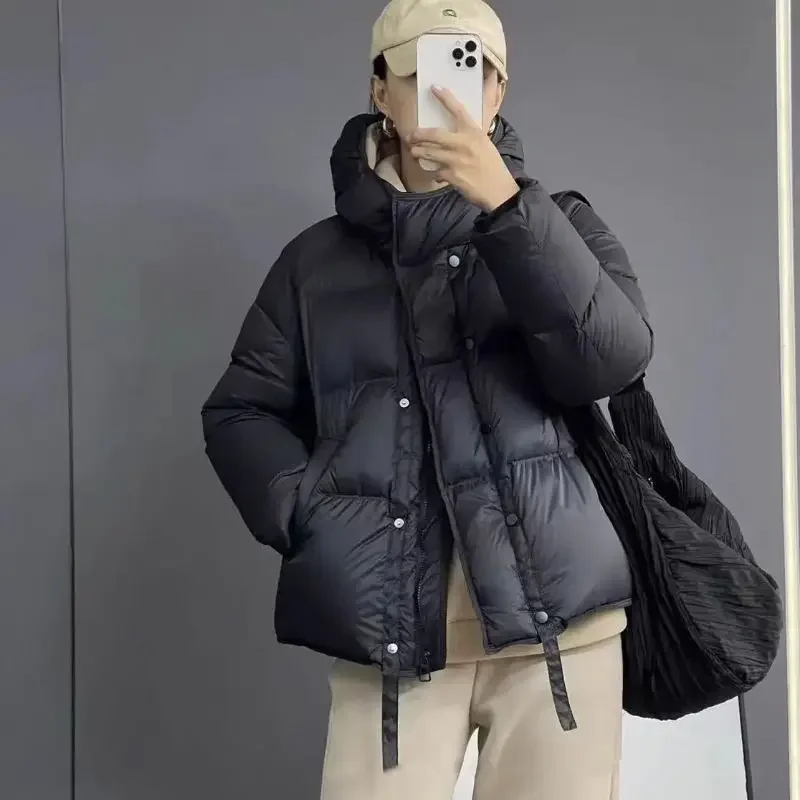 

Женский пуховик на белом утином пуху, винтажный однотонный пуховик на молнии с капюшоном, свободная одежда для хлеба, F253, зима 2024