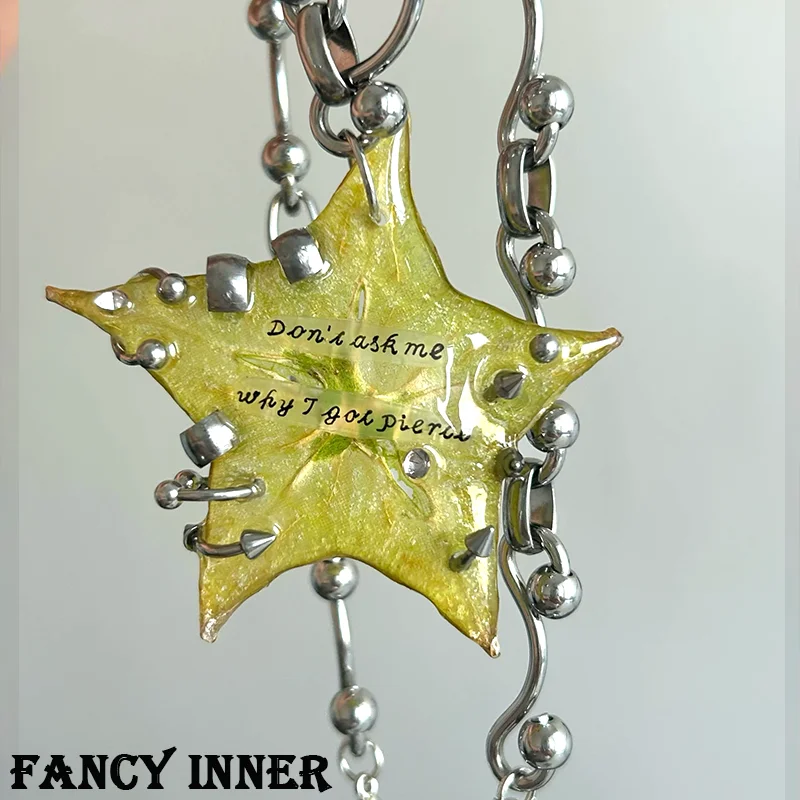 2026 New Star Necklace Starfruit Pendant Metal Chain Piercing Rivets Enamel Trendy Neck Accessaries for Women Men Jewelry