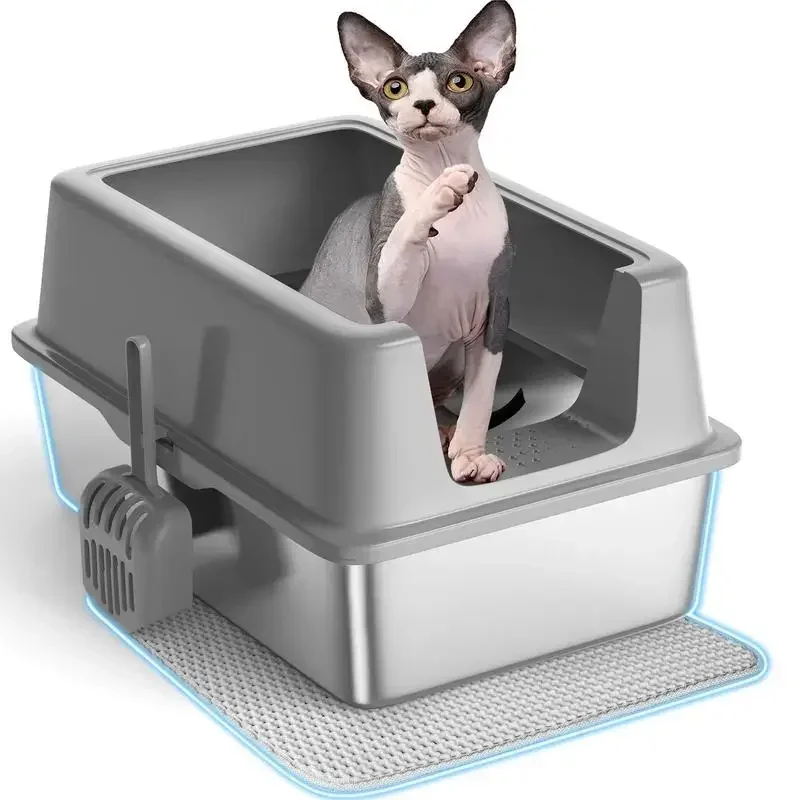 

Anyask Enclosed Cat Litter Box Stainless Steel with Lid, XL Extra Large Litter Box , High Wall Sides Enclosure, Anti-Leakage