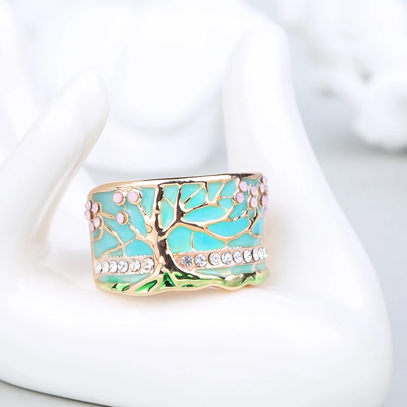 Milangirl Lucky Flower Tree Rings Fashion Pink Opal Green Enamel Wide Ring For woman Party Crystal Vintage Jewelry