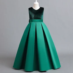 New Nark Green Flower Girls' Dresses for Weddings Party Gala V-Neck Satin Floor-Length Back Zipper Kid's Princess Ball Gown 2023