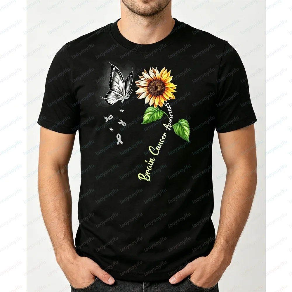 T-shirt unisexe d'été à manches courtes, imprimé floral et papillon avec ruban gris, doux et élégant, pour hommes et femmes, tenue quotidienne caritative