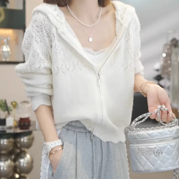 

2025 новый стиль, универсальная повседневная солнцезащитная куртка, вязаный кардиган с полым капюшоном для женщин весной